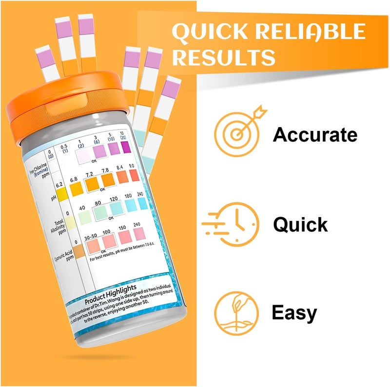 Dr.Tim.Wang Pool and Hot Tub Test Strips - Medical Grade Precision 4 in 1 Pool Water Test Kit - Testing pH Free Chlorine(Bromine) Total Alkalinity & Cyanuric Acid - Image 4